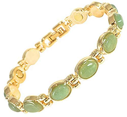 Ladies Magnetic Bracelet for Women | Semi Precious Green Aventurine Gemstones - Fits Wrists Up to 7.5&quot; Adjustable - Plus Jewellery Gift Box (Gold)