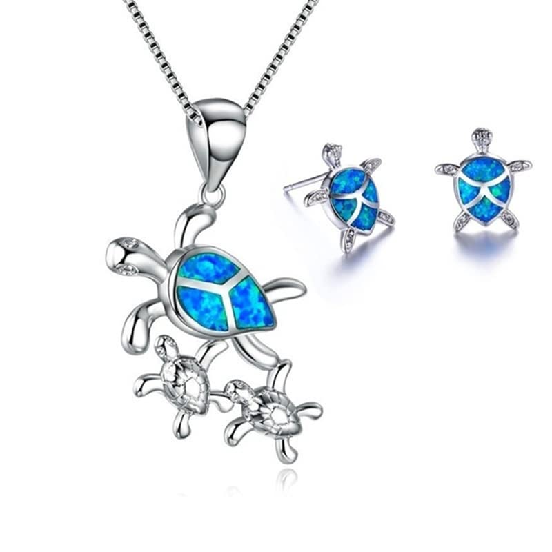 Ladies Pretty Turtle Jewellery Set For Women - Necklace Pendant &amp; Matching Earrings - Girls Opal Enamel &amp; Silver Plated Cute Charms - with Gift Box