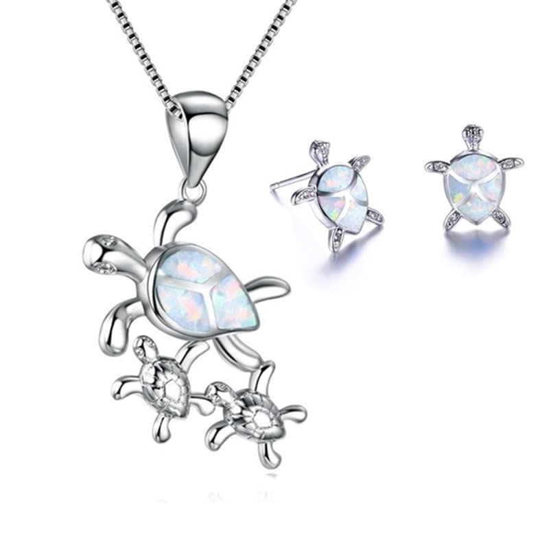 Ladies Pretty Turtle Jewellery Set For Women - Necklace Pendant &amp; Matching Earrings - Girls Opal Enamel &amp; Silver Plated Cute Charms - with Gift Box