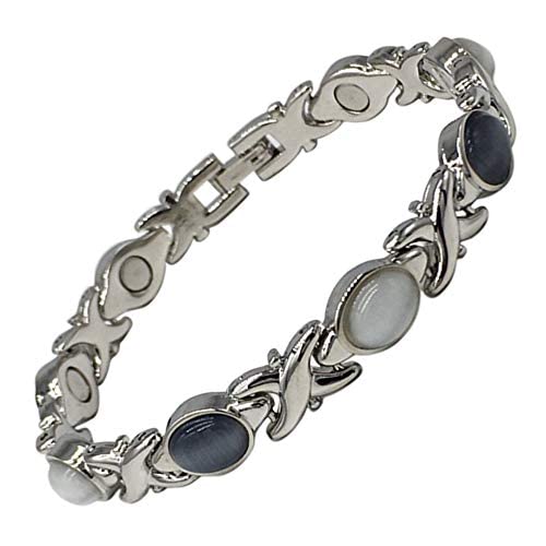 Ladies Magnetic Bracelet for Women - Grey Cats Eye Gemstones - Fits Wrists up to 7.5&quot; Adjustable - with Jewellery Gift Box