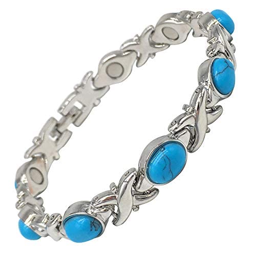 Helena Rose Ladies Magnetic Bracelet for Women - Natural Blue Turquoise Howlite Gemstone Link Bangle with Magnets - Fits Wrists Up to 18cm Adjustable - with Jewellery Gift Box