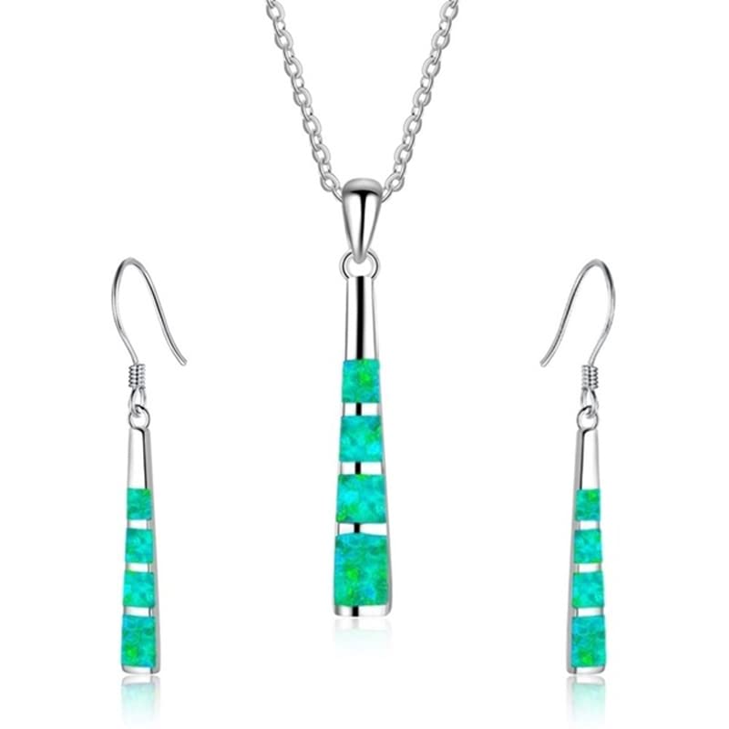 Ladies Opal Jewellery Set For Women - Necklace Pendant Drop Earrings - Girls Enamel &amp; Silver Plated Matching Charms - Pendulum Design with Gift Box