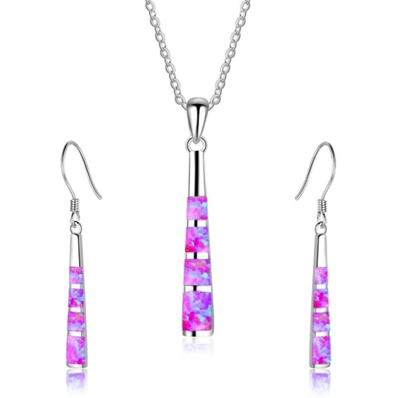 Ladies Opal Jewellery Set For Women - Necklace Pendant Drop Earrings - Girls Enamel &amp; Silver Plated Matching Charms - Pendulum Design with Gift Box