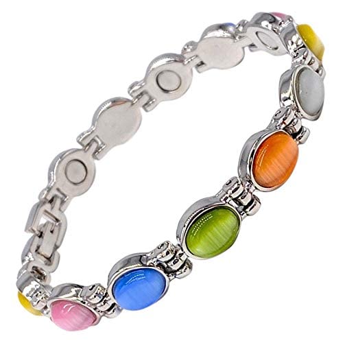 Ladies Magnetic Therapy Bracelet for Women - Multicoloured Semi Precious Cats Eye Stones - Fits Wrists 17.5 cm Adjustable - Presented in a Jewellery Gift Box