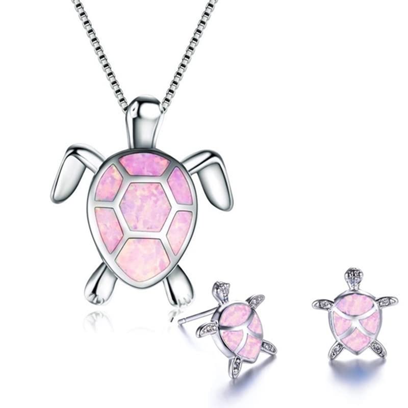 Ladies Turtle Jewellery Set For Women - Necklace Pendant &amp; Matching Earrings - Girls Opal Enamel &amp; Silver Plated Cute Charms - with Gift Box