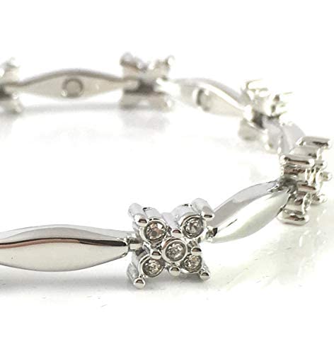 Helena Rose Ladies Magnetic Bracelet for Women - Silver Flower Design Sparkling Clear Rhinestone Crystals - Plus Jewellery Gift Box
