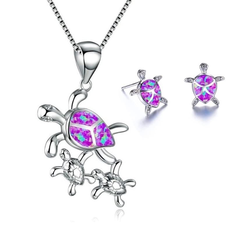 Ladies Pretty Turtle Jewellery Set For Women - Necklace Pendant &amp; Matching Earrings - Girls Opal Enamel &amp; Silver Plated Cute Charms - with Gift Box
