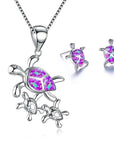 Ladies Pretty Turtle Jewellery Set For Women - Necklace Pendant & Matching Earrings - Girls Opal Enamel & Silver Plated Cute Charms - with Gift Box