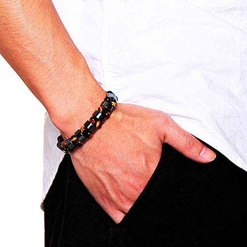 Double Hematite and Tiger&#39;s Eye Gemstone Stretch Bracelets for Men &amp; Women - Natural Energy Stone Jewellery Unisex Bangle. with Gift Box