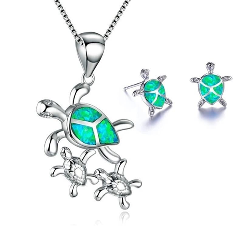 Ladies Pretty Turtle Jewellery Set For Women - Necklace Pendant &amp; Matching Earrings - Girls Opal Enamel &amp; Silver Plated Cute Charms - with Gift Box