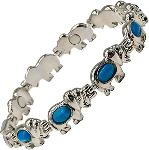 Helena Rose Magnetic Bracelet for Women - Blue Turquoise Elephant Bangle - Fits Wrist up to 7.5&quot; Fully Adjustable - with Jewellery Gift Box