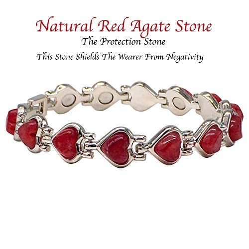 Ladies Magnetic Valentine Bracelet for Women with Red Heart Natural Polished Agate Gemstones - Fits Wrists up to 18 cm 7.0 inches Adjustable - with A Jewellery Gift Box