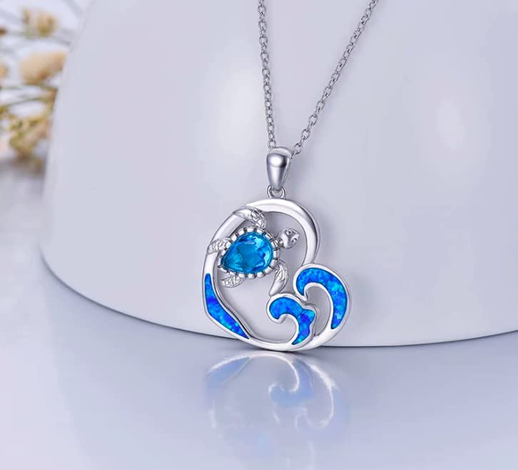 Ladies Sterling Silver Heart Pendant Necklace - Blue Rhinestone Crystal Sea Turtle - Nautical Jewellery For Women - Plus 45cm Chain &amp; Gift Box