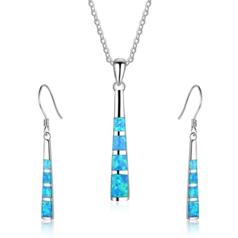 Ladies Opal Jewellery Set For Women - Necklace Pendant Drop Earrings - Girls Enamel &amp; Silver Plated Matching Charms - Pendulum Design with Gift Box