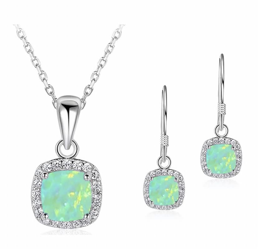 Ladies Matching Square Jewellery Set. Simulated Fire Opal Enamel and Clear Rhinestone Crystals. Necklace Pendant With Matching Drop Earrings For Women. Plus Jewellery Gift Box.