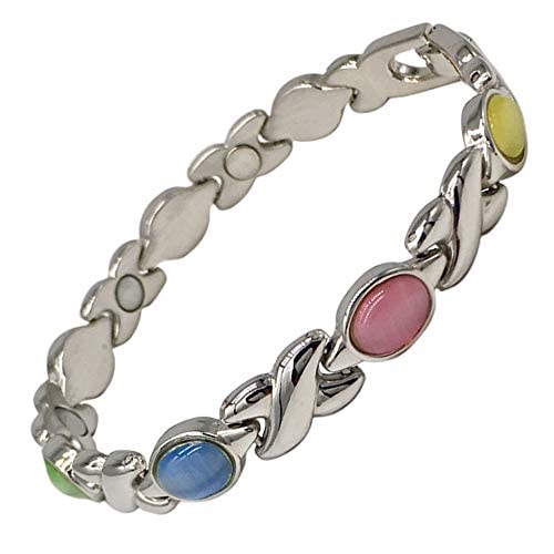 Helena Rose Ladies Magnetic Therapy Bracelet for Women - Multi Coloured Cats Eye Gem Stones - Fits Wrists Up to 18.5cm Adjustable - with Jewellery Gift Box?