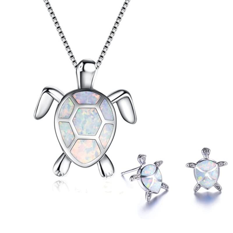 Ladies Turtle Jewellery Set For Women - Necklace Pendant &amp; Matching Earrings - Girls Opal Enamel &amp; Silver Plated Cute Charms - with Gift Box