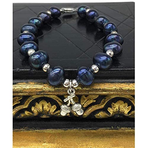Helena Rose Real Black Pearl Bracelet for Women - Cultured Freshwater Pearls with a Pretty Silver Acorn Charm - Ladies Stylish Bracelet can be Worn Day or Evening - Presented in a Jewellery Gift Box