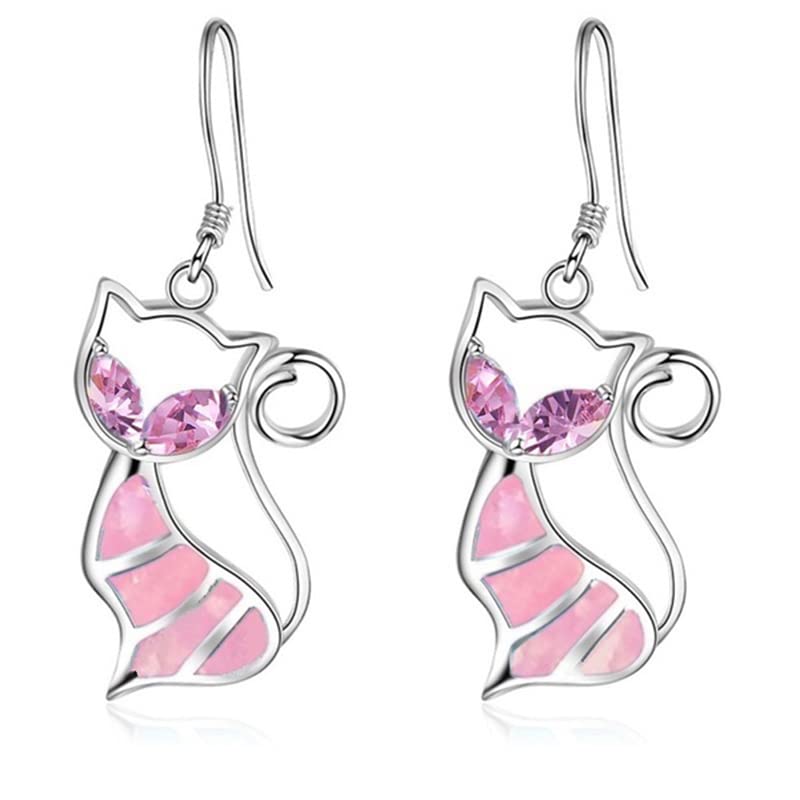 Cute Cat Pendant Necklace &amp; Earrings Matching Set For Women - Ladies Silver Plated Crystal Jewellery with Gift Box