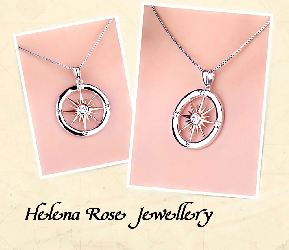 Sterling Silver Compass Design Necklace With Rose Gold Plated Sun Set With Cubic Zirconia Stone. Includes 45cm 925 Silver Box Chain and Jewellery Gift Box.