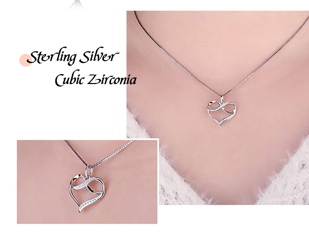 Ladies 925 Sterling Silver Infinity Heart Necklace Set With Cubic Zirconia Stones - Includes 45cm 925 Silver Box Chain and Jewellery Gift Box.