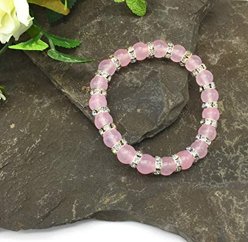 Helena Rose Jewellery - Natural Pink Rose Quartz Stretch Bracelet for Women - Gemstones with Clear Crystal Rhinestones - Valentines Gift, Plus Jewellery Gift Box