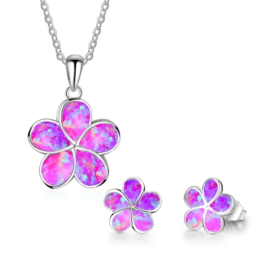 Ladies Flower Design Opal Jewellery Set For Women, Necklace Pendant &amp; Drop Earrings, Enamel &amp; Silver Plated Matching Flower Design with Gift Box