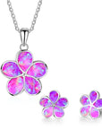 Ladies Flower Design Opal Jewellery Set For Women, Necklace Pendant & Drop Earrings, Enamel & Silver Plated Matching Flower Design with Gift Box