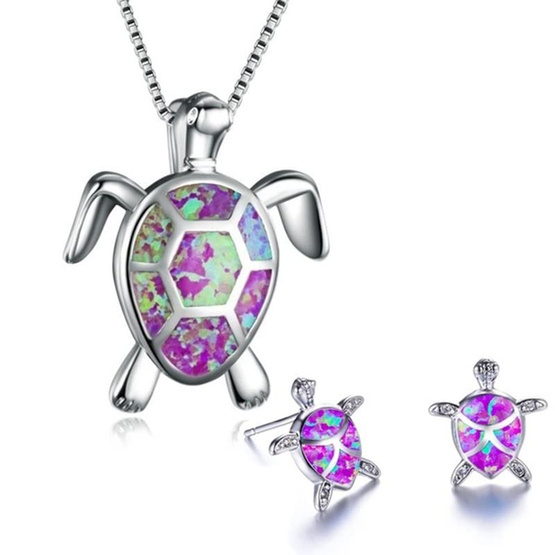 Ladies Turtle Jewellery Set For Women - Necklace Pendant &amp; Matching Earrings - Girls Opal Enamel &amp; Silver Plated Cute Charms - with Gift Box