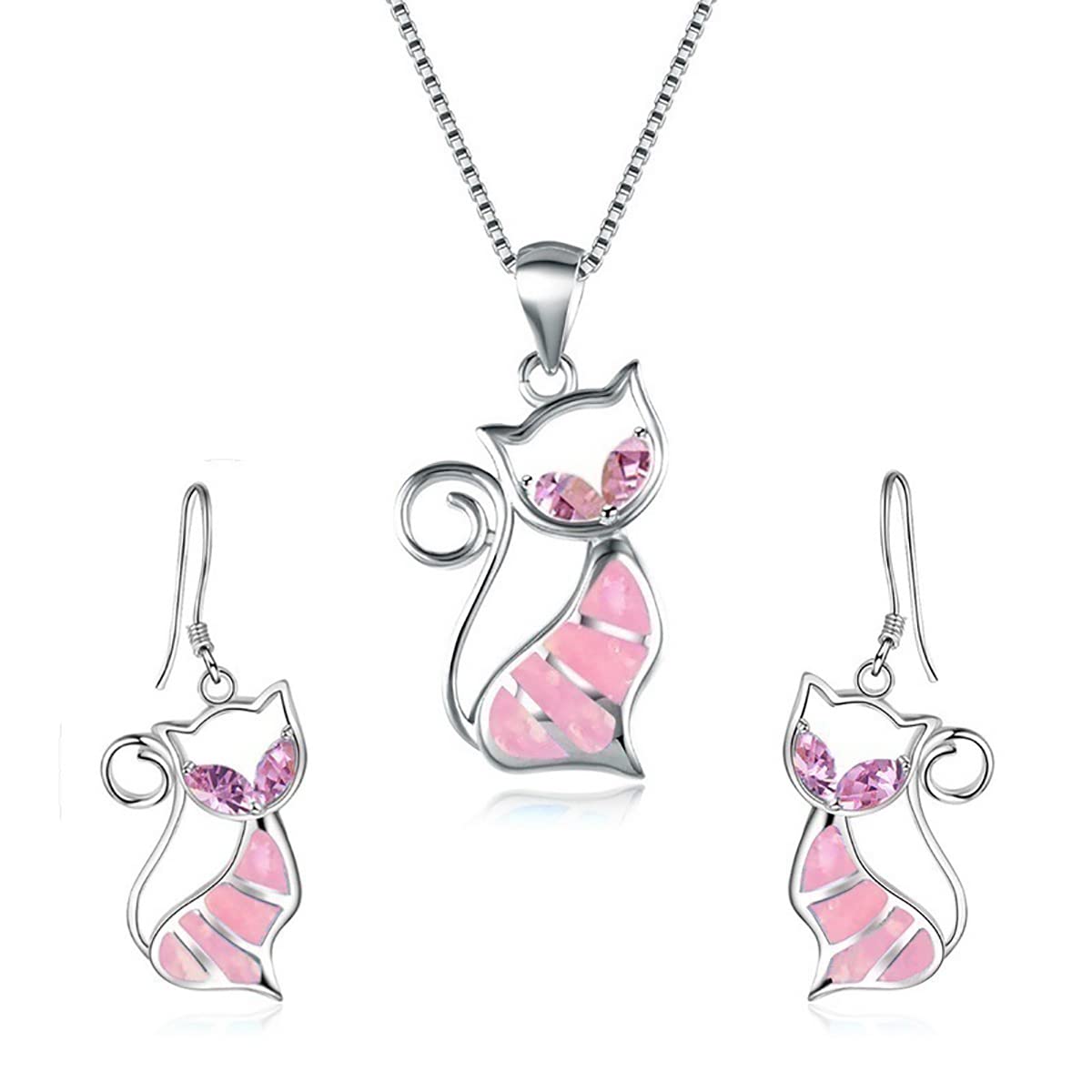 Cute Cat Pendant Necklace &amp; Earrings Matching Set For Women - Ladies Silver Plated Crystal Jewellery with Gift Box