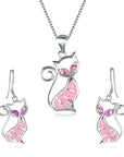 Cute Cat Pendant Necklace & Earrings Matching Set For Women - Ladies Silver Plated Crystal Jewellery with Gift Box