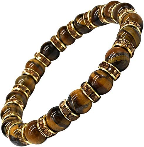 Helena Rose Ladies Bracelet for Women- Natural Tigers Eye Semi Precious Stones &amp; Sparkling Rhinestone Golden Crystals - Woman&#39;s Spiritual Bangle with Jewellery Gift Box