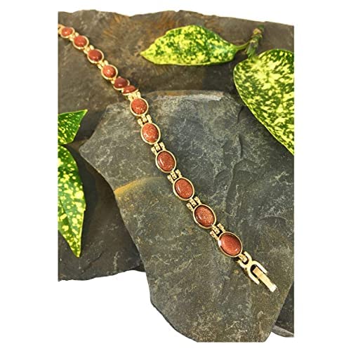 Helena Rose Ladies Magnetic Bracelet for Women - Natural Brown Goldstone Gems - Fits Wrists Up to 7.5&quot; Fully Adjustable - Plus Jewellery Gift Box