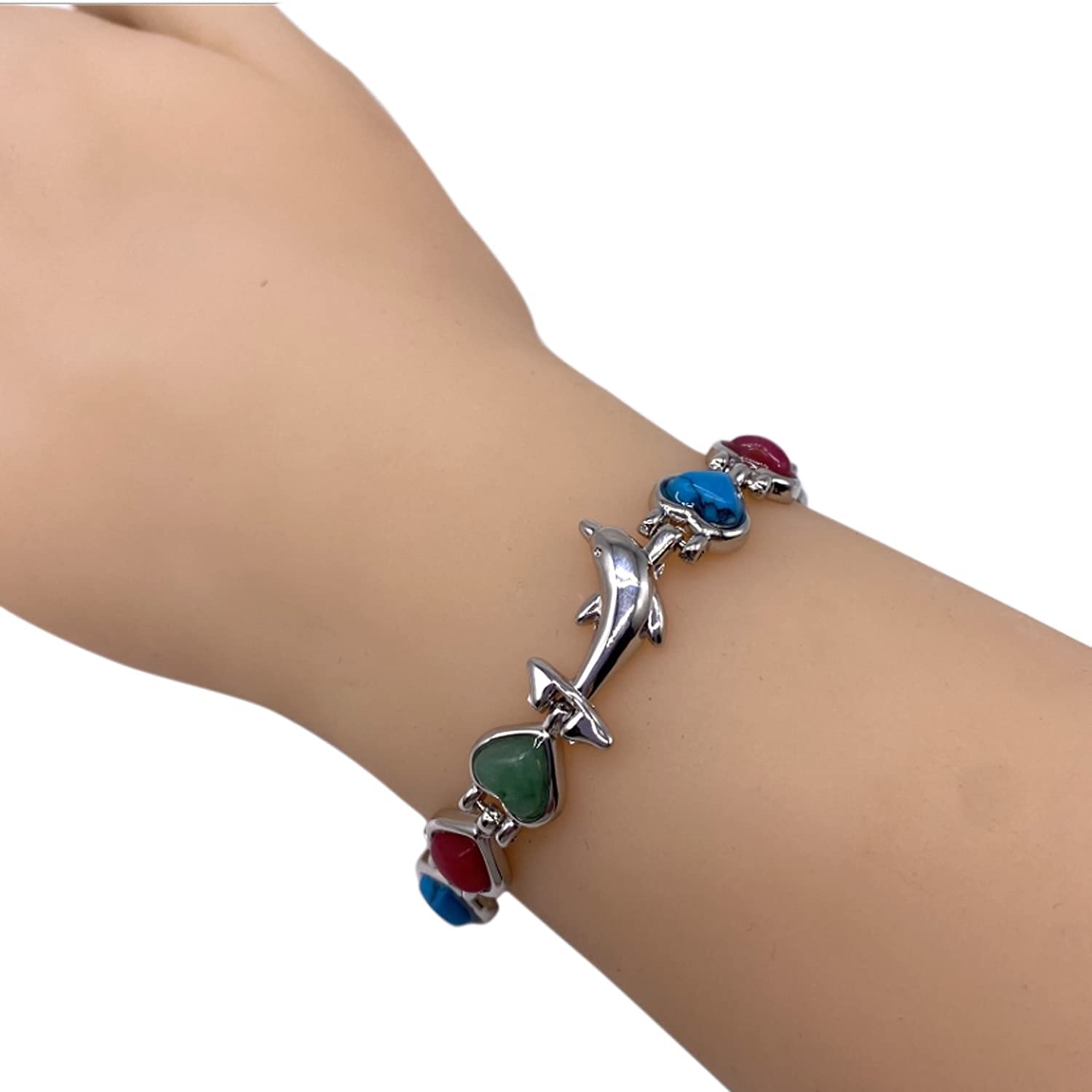 Ladies Magnetic Bracelet for Women - Natural Gemstone Heart Crystals &amp; Dolphins - Fits Wrists Up to 18.5cm Adjustable - Plus Jewellery Gift Box (Silver)