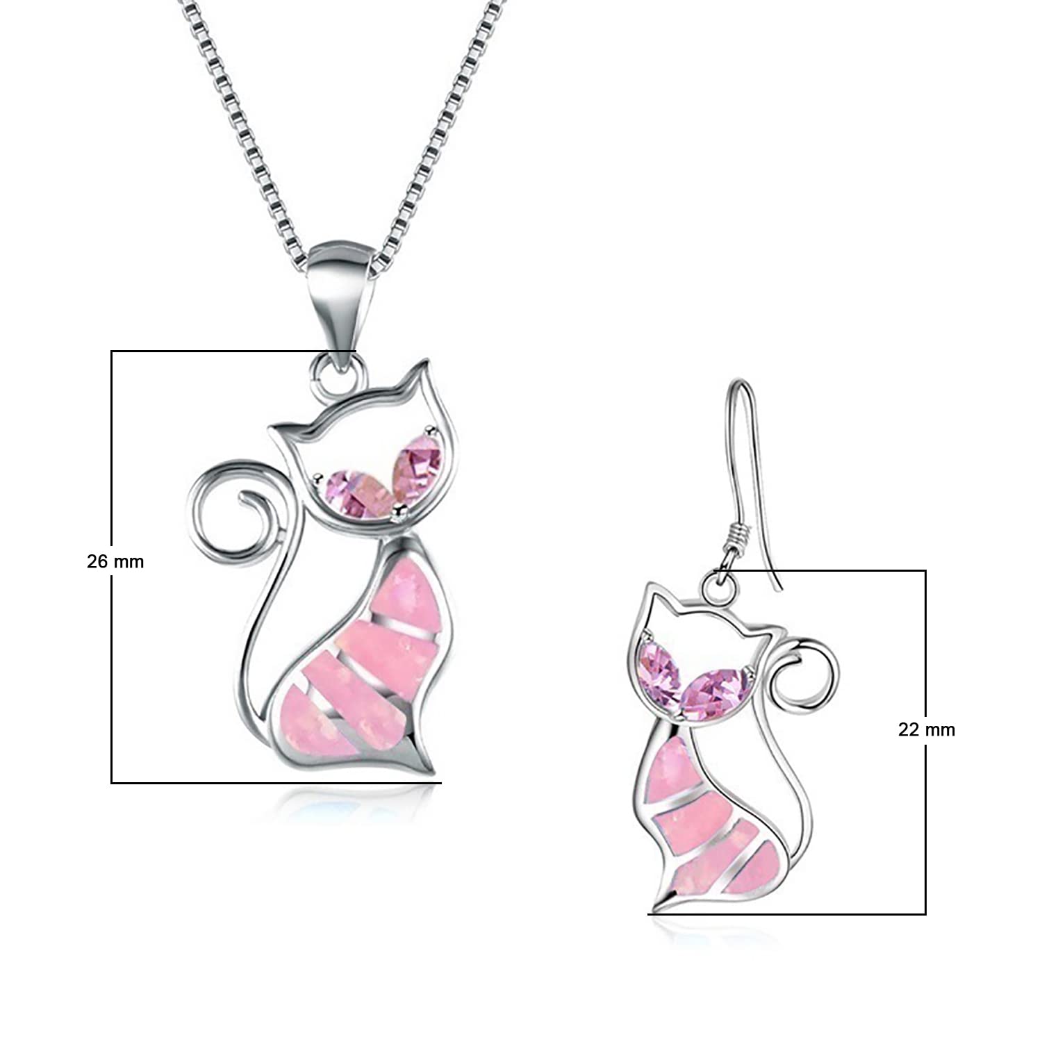 Cute Cat Pendant Necklace &amp; Earrings Matching Set For Women - Ladies Silver Plated Crystal Jewellery with Gift Box