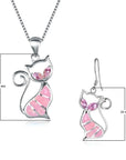 Cute Cat Pendant Necklace & Earrings Matching Set For Women - Ladies Silver Plated Crystal Jewellery with Gift Box