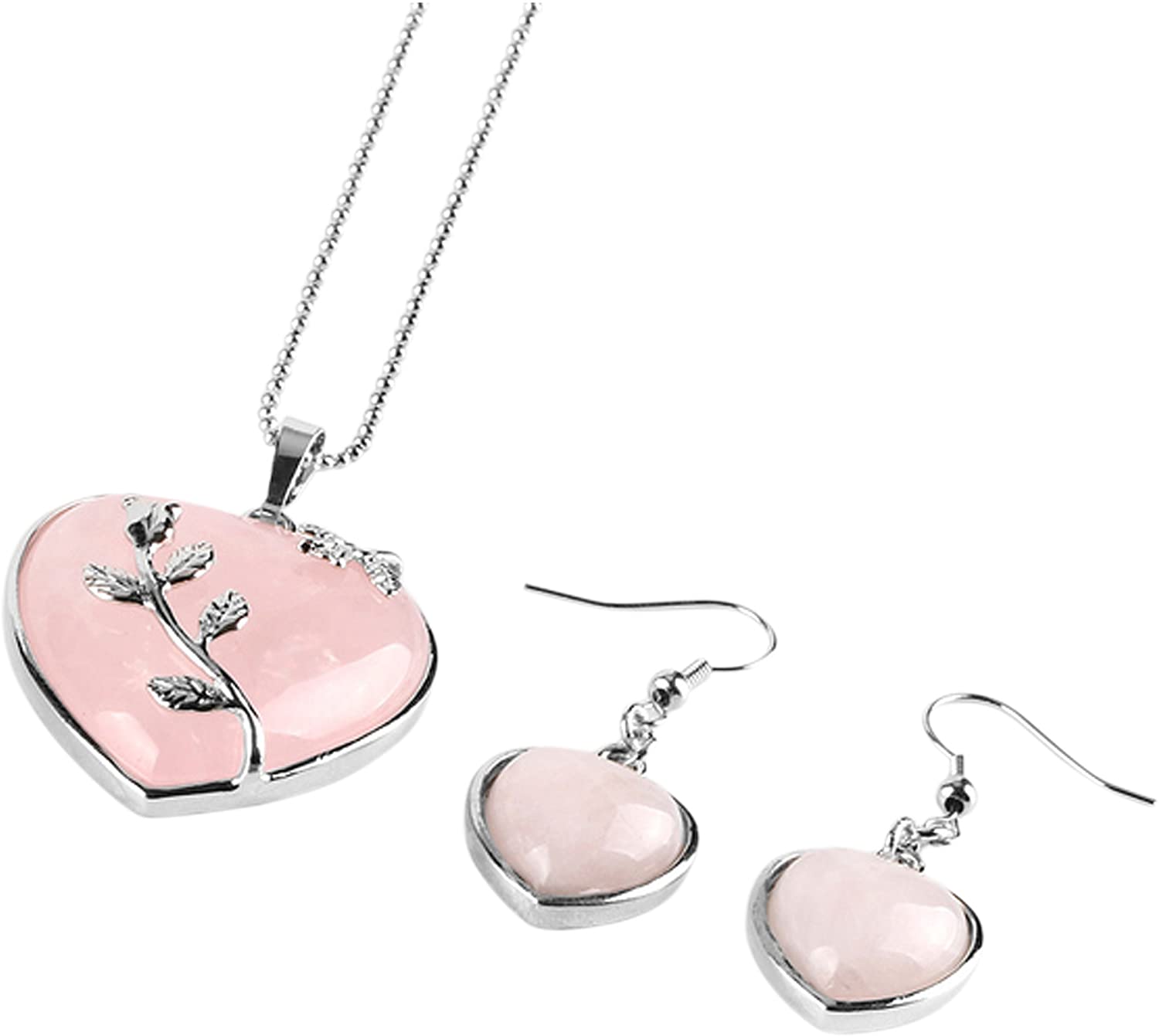 Valentine Heart Jewellery Gift Set For Women - Silver Hearts &amp; Roses Necklace &amp; Drop Earrings - Natural Crystal Gemstone Pendant For Ladies - With a Quality Gift Box