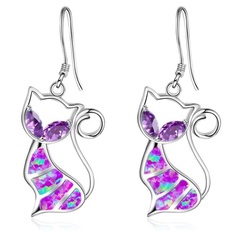 Cute Cat Pendant Necklace &amp; Earrings Matching Set For Women - Ladies Silver Plated Crystal Jewellery with Gift Box