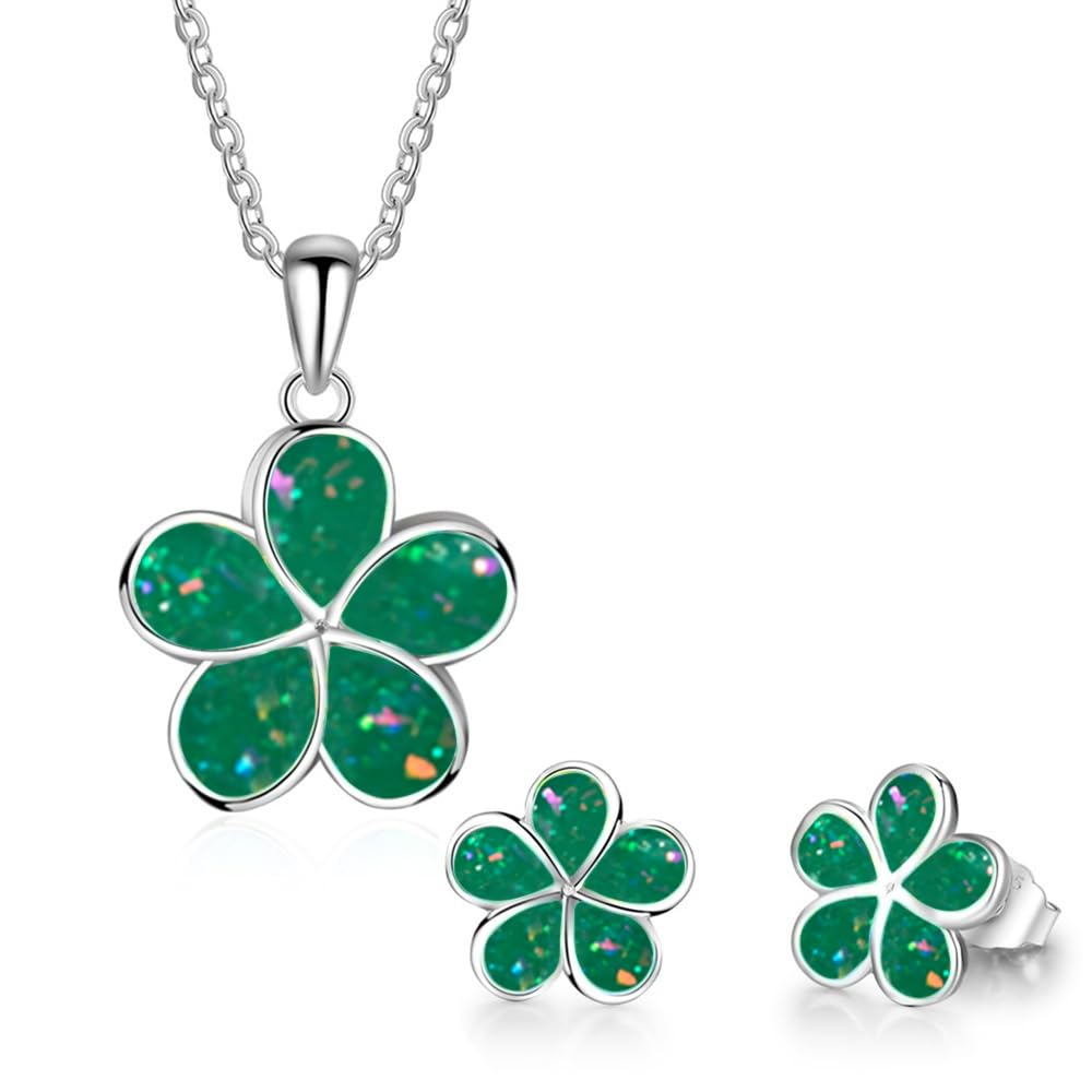 Ladies Flower Design Opal Jewellery Set For Women, Necklace Pendant &amp; Drop Earrings, Enamel &amp; Silver Plated Matching Flower Design with Gift Box