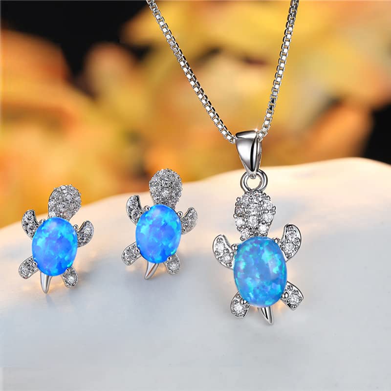 Cute Turtle Jewellery Set - Matching Necklace Pendant &amp; Earrings For Ladies - Glittering Opal &amp; Crystal - With Gift Box
