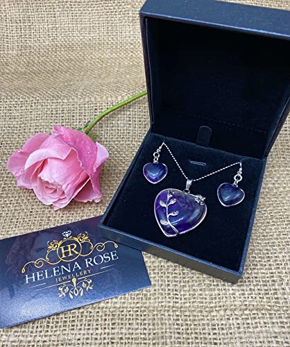 Valentine Heart Jewellery Gift Set For Women - Silver Hearts &amp; Roses Necklace &amp; Drop Earrings - Natural Crystal Gemstone Pendant For Ladies - With a Quality Gift Box