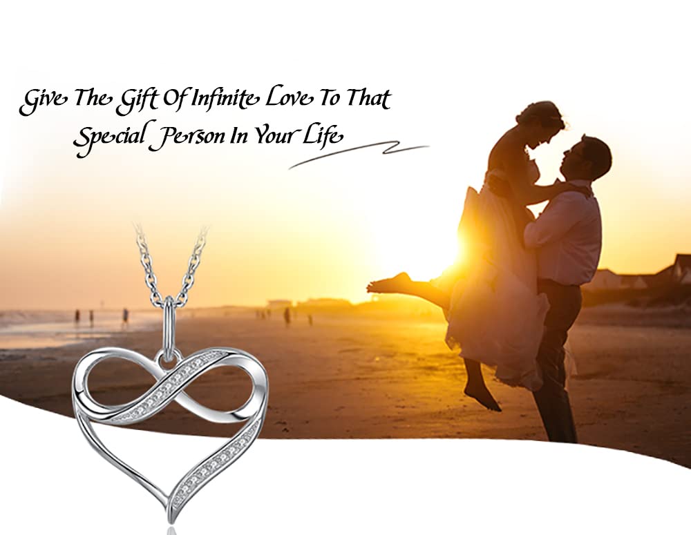 Ladies 925 Sterling Silver Infinity Heart Necklace Set With Cubic Zirconia Stones - Includes 45cm 925 Silver Box Chain and Jewellery Gift Box.