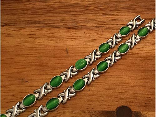 Helena Rose Ladies Magnetic Bracelet for Women - Green Cats Eye Semi Precious Stones - Fits Wrists Up to 18.5cm Adjustable Size - Includes Jewellery Gift Box