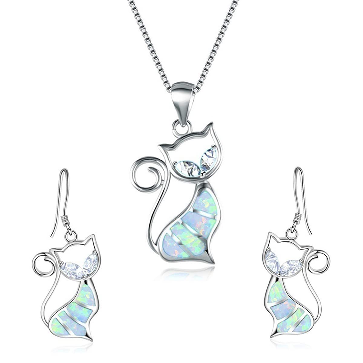 Cute Cat Pendant Necklace &amp; Earrings Matching Set For Women - Ladies Silver Plated Crystal Jewellery with Gift Box