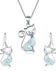 Cute Cat Pendant Necklace & Earrings Matching Set For Women - Ladies Silver Plated Crystal Jewellery with Gift Box