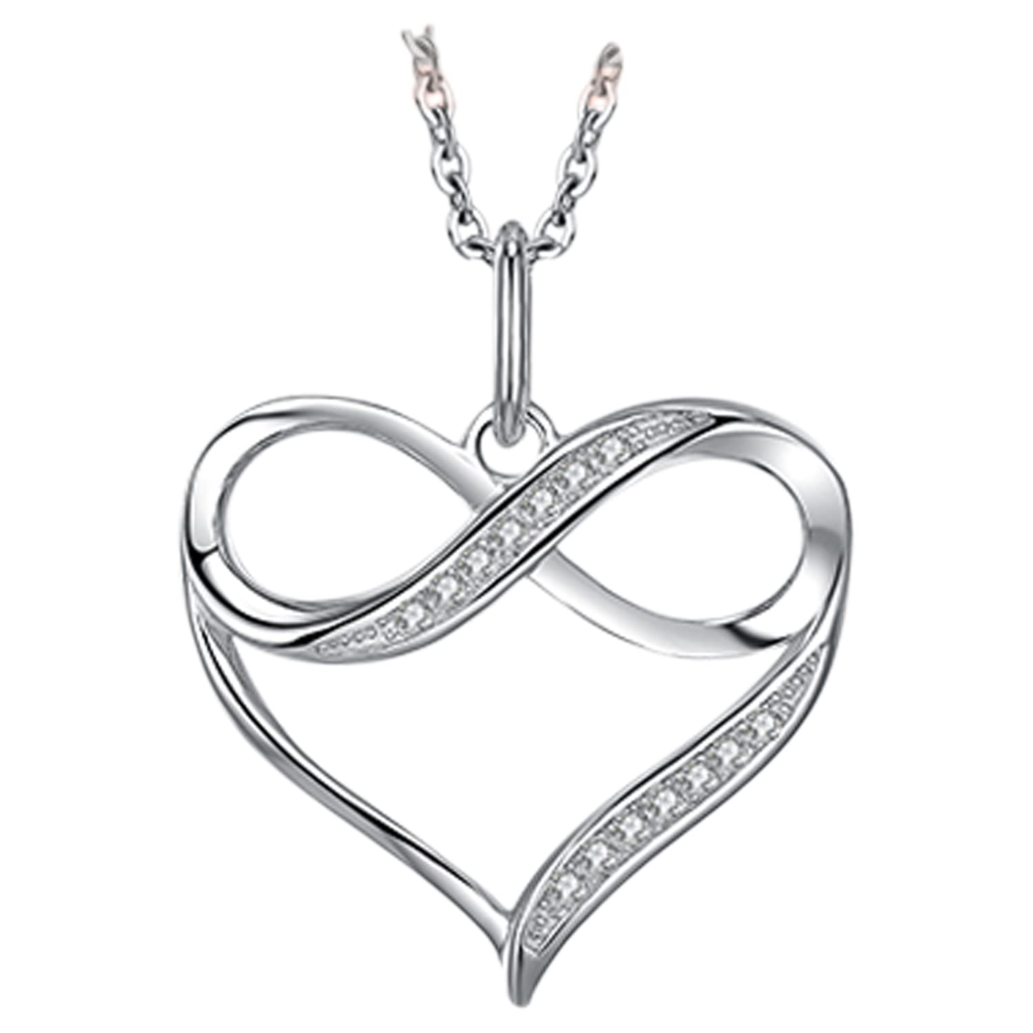 Ladies 925 Sterling Silver Infinity Heart Necklace Set With Cubic Zirconia Stones - Includes 45cm 925 Silver Box Chain and Jewellery Gift Box.