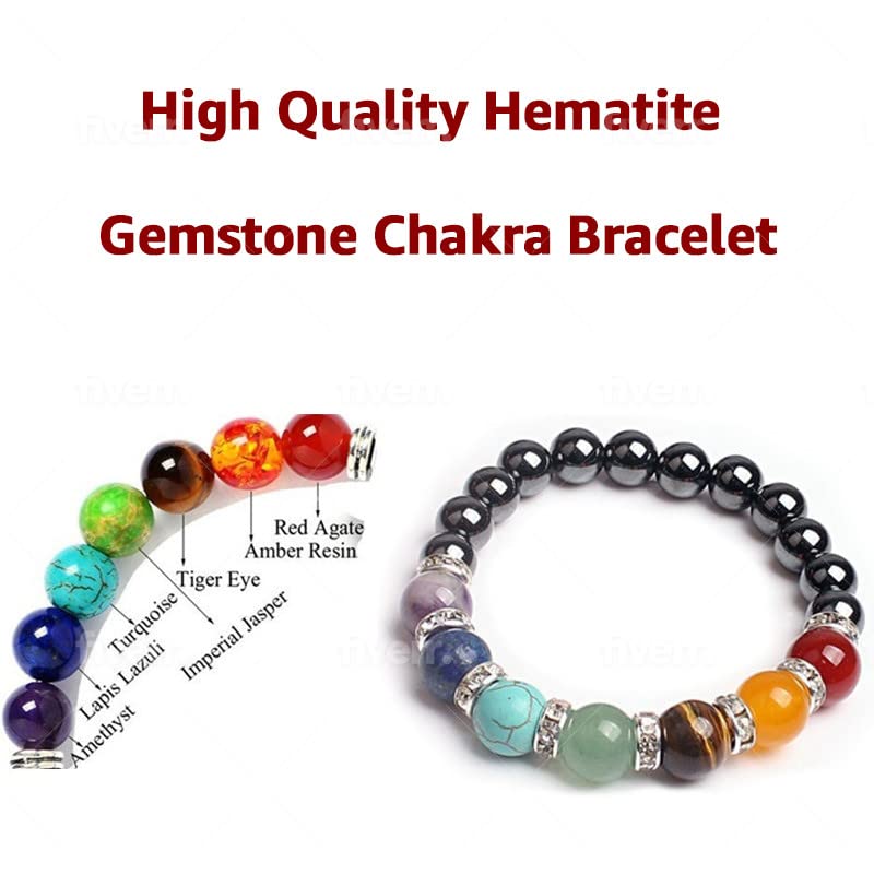 Helena Rose Jewellery - 7 Chakra Gemstone Yoga Stretch Beaded Bracelet for Women &amp; Men - with Hematite Stone Beads - Supplied in A Jewellery Gift Box.