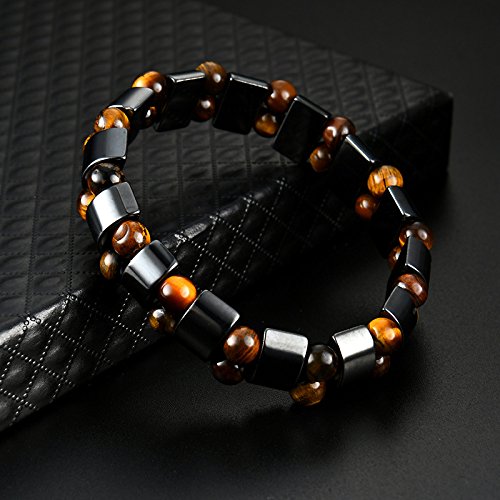 Double Hematite and Tiger&#39;s Eye Gemstone Stretch Bracelets for Men &amp; Women - Natural Energy Stone Jewellery Unisex Bangle. with Gift Box