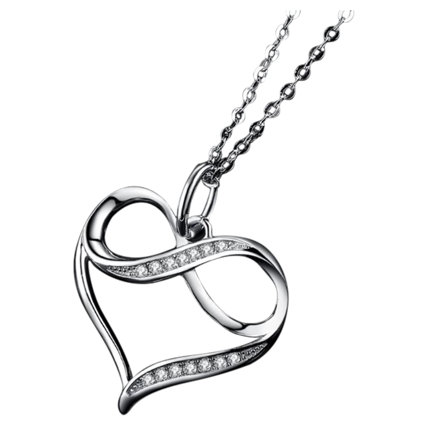 Ladies 925 Sterling Silver Infinity Heart Necklace Set With Cubic Zirconia Stones - Includes 45cm 925 Silver Box Chain and Jewellery Gift Box.