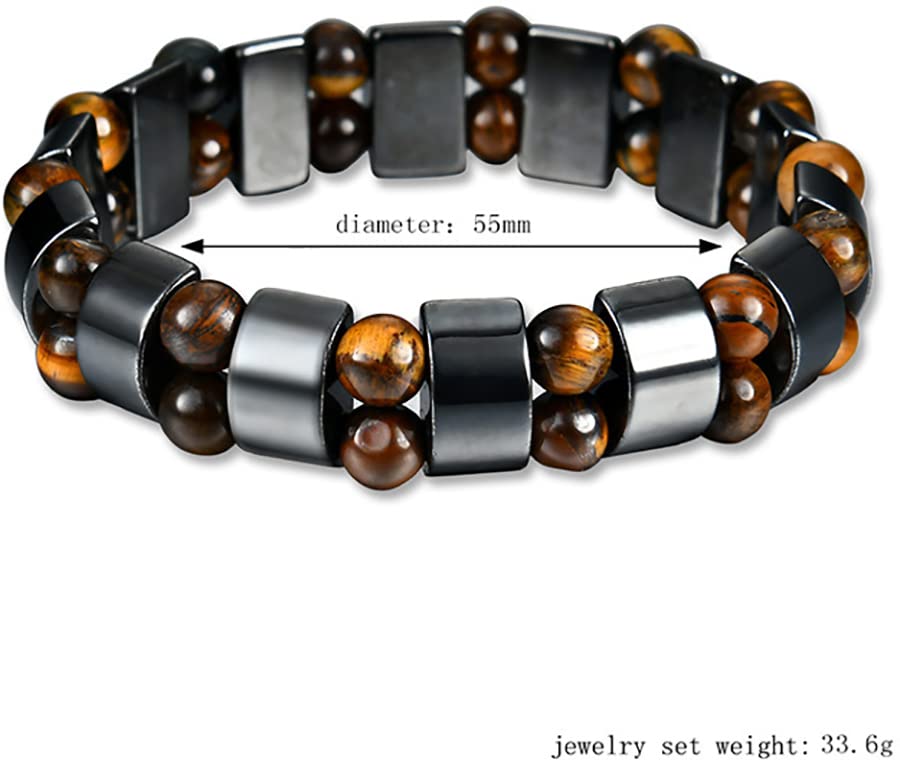 Double Hematite and Tiger&#39;s Eye Gemstone Stretch Bracelets for Men &amp; Women - Natural Energy Stone Jewellery Unisex Bangle. with Gift Box